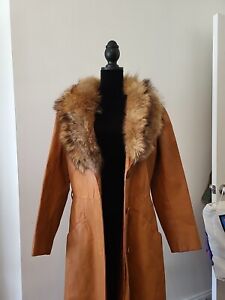 Vintage 60s 70s Butterscotch Brown Leather Trench Coat Size 14 Fox Fur Trimmed