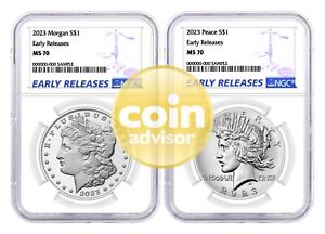 2023 $1 Morgan & Peace Dollar 2 Coin Set NGC MS70 Early Releases Blue Label