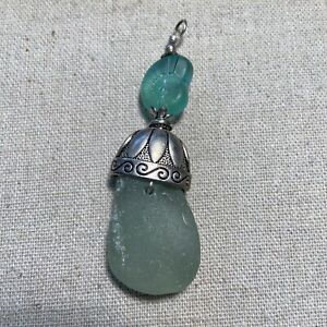 AUTUMN GREEN  Sea glass pebble/chunk jewelry handmade Pendant Necklace
