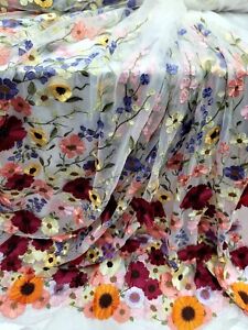 Multicolor Lace 3d Floral Embroidery Whithe Mesh Fabric By The Yard 3d LACE