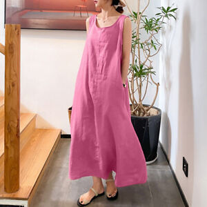 Womens Loose Camisole Dress Round Neck Cotton Linen Pocket Sleeveless Long Gown