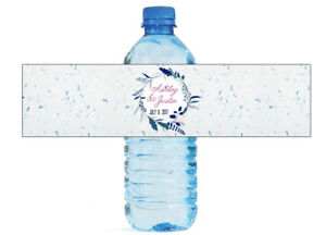 100 Blue Wreath Floral Wedding Anniversary Water Bottle labels Engagement Party