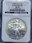 2008 $1 AMERICAN SILVER EAGLE NGC MS69 EARLY RELEASES BLUE LABEL