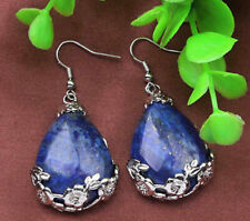 Tibet 925 Silver Drop Lapis Lazuli Flowers Gemstone Hook Earrings Jewelry