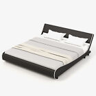King Upholstered Bed Frame Slatted Bed w/ Reclined Headboard Black White