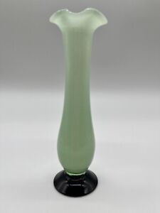New ListingREAD Vintage Glass Vase Ruffled Edge Mint Green and Black made in Japan 6.8