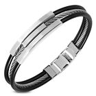 Stainless Steel Black Rubber Silicone Silver-Tone Rope Men's Bracelet, 8