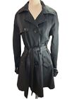 Bebe Large Black Faux Leather Trim Trench Coat Belted Corset Back