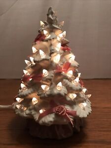 Vintage Glittery White 8” Ceramic Mold Christmas Tree 2 Pc Pink Bows & Roses
