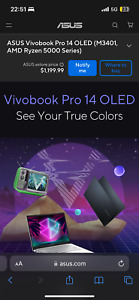 New Listingasus vivobook pro 14 oled, Quiet Blue, 1 TB SSD, 16GB DDR4, Ryzen 7 5800H
