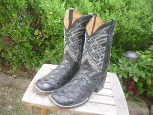 Men's Marco Boots 9 D M Black Exotic Pirarucu Print Western Cowboy Boots Mex 28