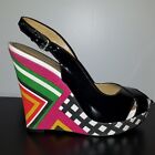Women's NINE WEST Patent Black Leather High Heel Shoes Colorful Wedges 9.5 NEW