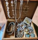 Wooden Box Full Jewelry Pins Necklaces Earrings Rhinestones Aurora Borealis