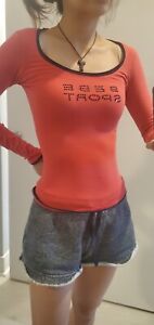 Bebe Sport BBSP Rhinestone Coral Red Orange Scoopneck Top T-shirt XS S USA