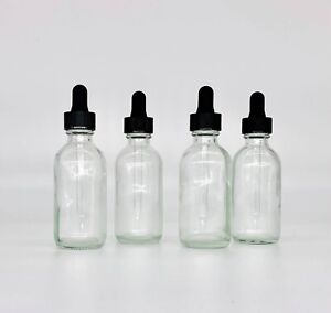 4 Pack - 2oz CLEAR Boston Glass Bottles with Glass Eye Dropper- New ! 60 ML