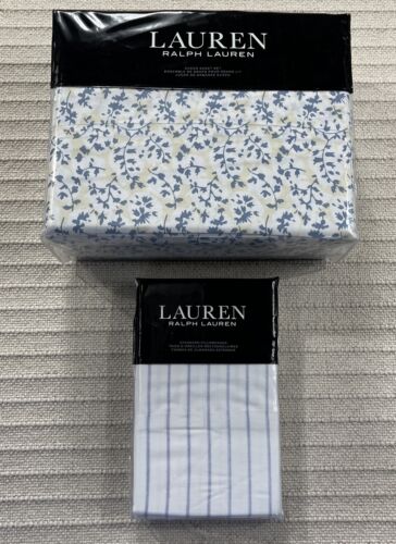 Ralph Lauren Queen Sheet Set Eva Blue Leaf Cream Spencer Pillowcase Stripe 6 Pc