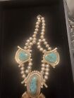 Vintage Sterling Silver Native American  Turquoise Squash Blossom Necklace