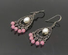 925 Sterling Silver - Vintage Pearl & Rose Quartz Swirl Dangle Earrings - EG9584