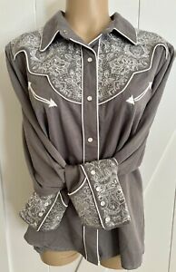 EUC Scully Grey Lace Embroidered Yolk Sleeve Blouse XL Western Snap