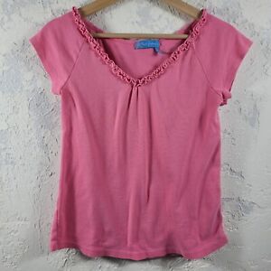 Fresh Produce Women's Small Blouse Ruffled V-Neck Short Sleeve Pink 100% Cotton