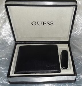 Mens GUESS Black Leather Passcase Billfold Wallet w/Pocket Knife NEW