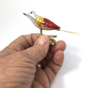Vintage Glass Bird Clip on Yellow Red Ornament Christmas Holidays