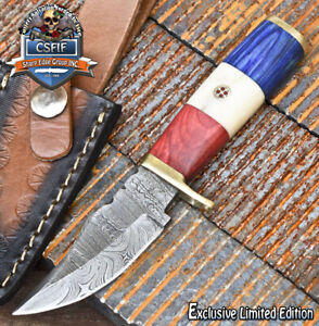CSFIF Hot Item Skinner Knife Damascus Bone Brass Guard Fishing Veterans Gift