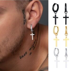 Men's Cross Dangle Earrings Stainless Steel Hinged Piercing Huggie Hoop Earring
