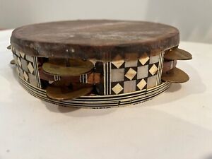 Vintage Tambourine Double Row Jingles Wood & Mother of Pearl Inlay