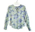 Lucky Brand Women's Top S Green Floral Keyhole Neck Tie Smocked Long Sleeve Knit