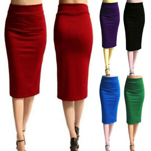 Womens Thick Pencil Skirt Knee Length Office Work Stretch Elastic High Waisted *