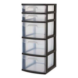 Plastic 5-Drawer Tower, Black with Clear Drawers, Adult