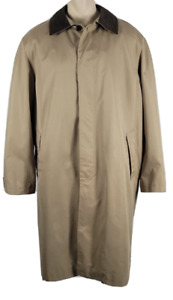LL Bean Mens Khaki Tan Trench Coat w/Zip Out Liner & Brown Leather Collar Sz XL