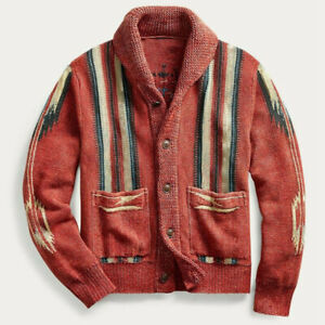 Mens Retro Cardigan Autumn and Winter Vintage Print Sleeve Lapel Knit Sweater