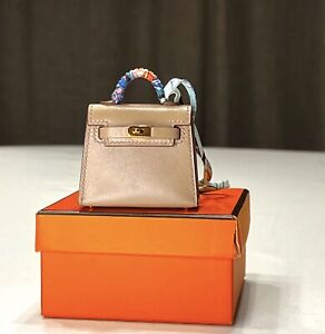 Authentic HERMES Micro Kelly Twilly Bag Charm Etoupe Gold Hardware. Collectors
