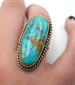 Old Pawn Southwestern Navajo Vtg Sterling Silver Green Turquoise Ring Size 8.5