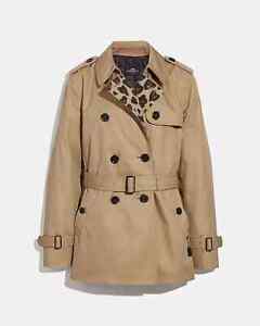 Coach Trench Coat Women's Tan & Leopard Trim Double Breasted Belted Size S NWOT