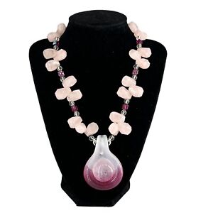 Artisan Signed Vintage Pink Rose Quartz Statement Cluster Crystal Necklace