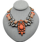 Vintage Rhinestone Coral  Statement Bib Collar Necklace Heavy Gold Curb Chain