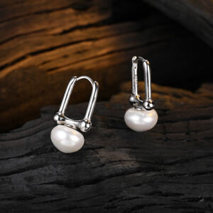 Pearl Dangle Drop Oval Earrings Womens 925 Sterling Silver Hoop Huggie Earrings