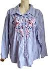 Susan Graver 1X Blouse Shirt Cotton Striped Embroidered Florals Long Sleeves