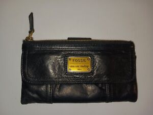 FOSSIL Wallet Black Soft Pebbled Leather Long Live Vintage 1954 Top Zip Bifold