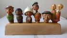 6 ANRI Wood Carved Mechanical Bottle Stoppers with Stand, Vintage Bottle Stopper