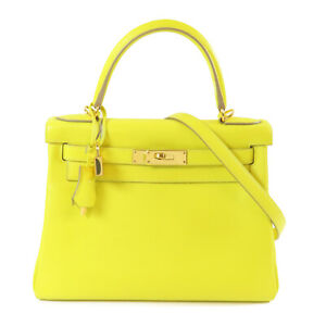 HERMES GHW Kelly 28 2 Way Shoulder Bag Handbag Evercolor Leather Lime Yellow