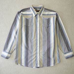 VTG Panhandle Slim Shirt Mens XL 17 1/2 Blue Striped Brush Popper Rodeo