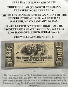 CIVIL WAR CONFEDERATE NORTH CAROLINA $3 BILL CURRENCY NOTE SIGNED 1863 CR-127 VF