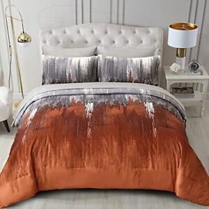Burnt Orange Comforter Set Queen7 Pieces Bed in a Bag Colorful Abstract Art Gra