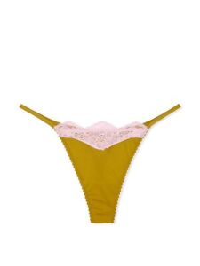 Victoria Secret Very Sexy Satin Lace Thong Panty L XL Gold Olive Smooth Silky