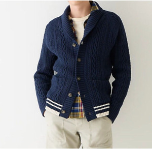 J. Crew Men Cotton Cable-Knit Shawl-Collar Cardigan Sweater Navy Blue Preppy  S