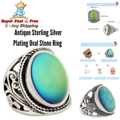 Women Vintage Rings Mood Ring Changing Color Antique Sterling Silver Plated